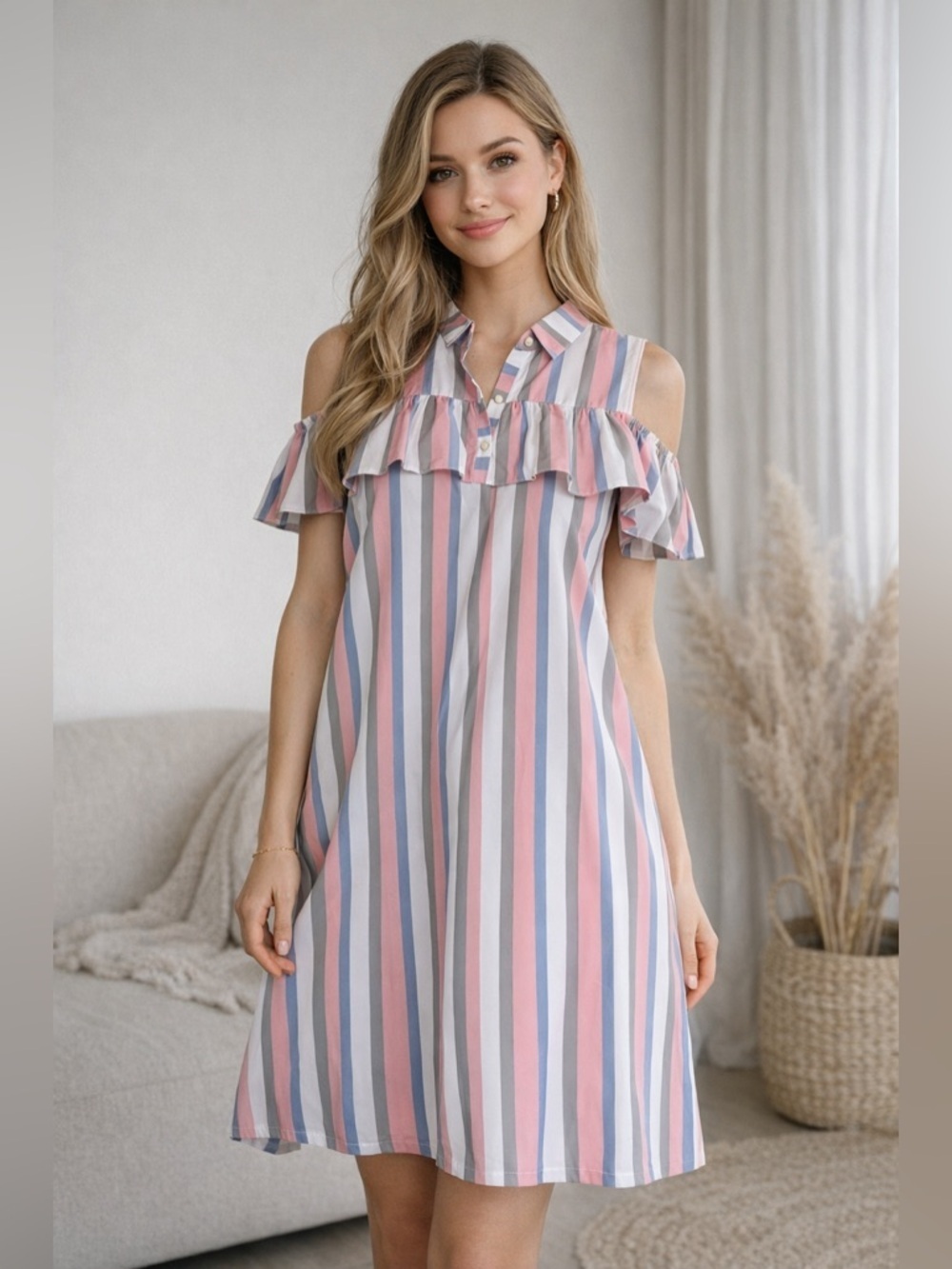 Striped Cold-Shoulder Midi Dress in Pink, Blue, Gray & White
